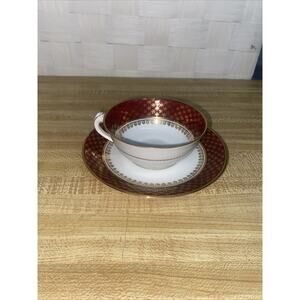 Antique Haviland Limoges Gold Floral Scrollwork & Red Tea Cup & Saucer France